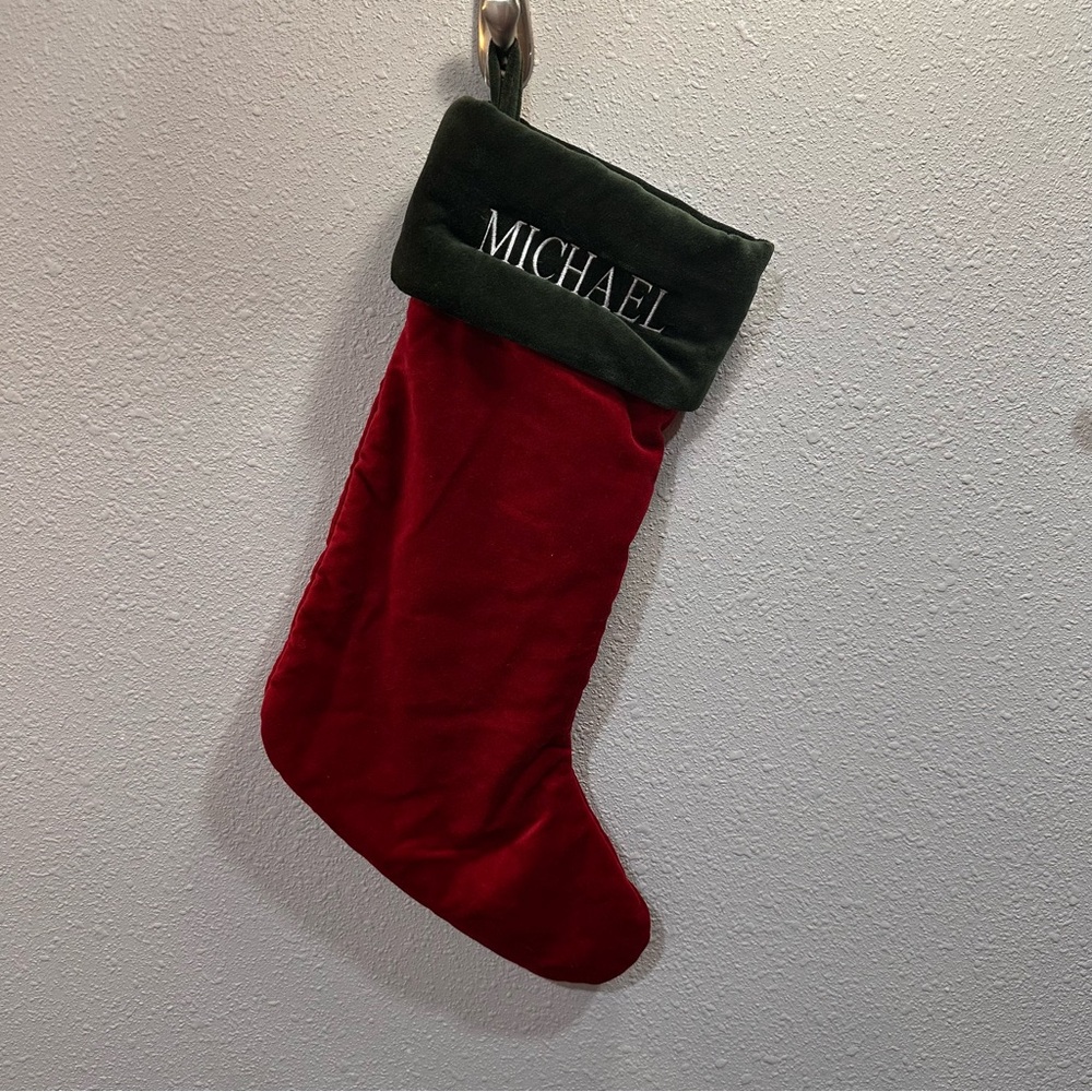 Pottery Barn NWOT classic red velvet stocking with hunter green cuff MICHAEL